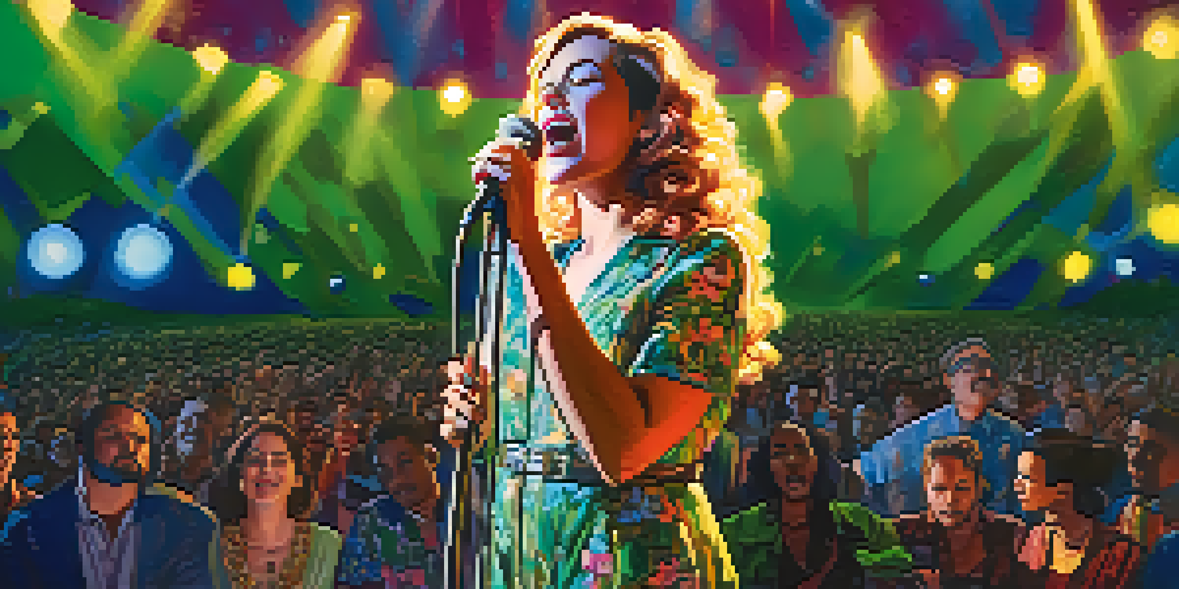 A female musician on stage singing into a microphone, with a nature-themed backdrop and an engaged audience holding environmental banners.