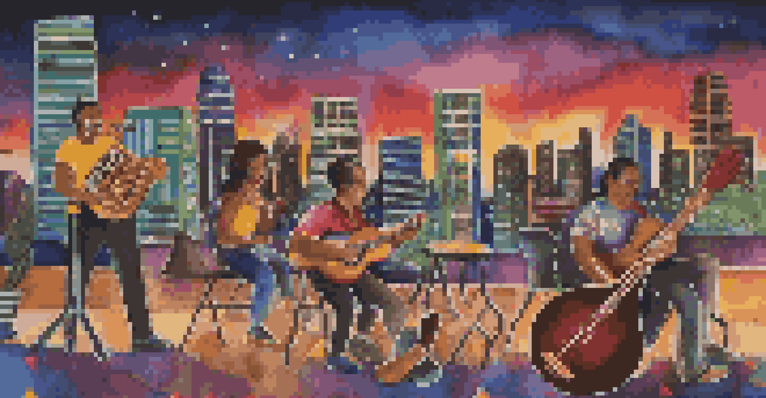Traditional Latin American instruments combined with modern music technology against a colorful city skyline at dusk.