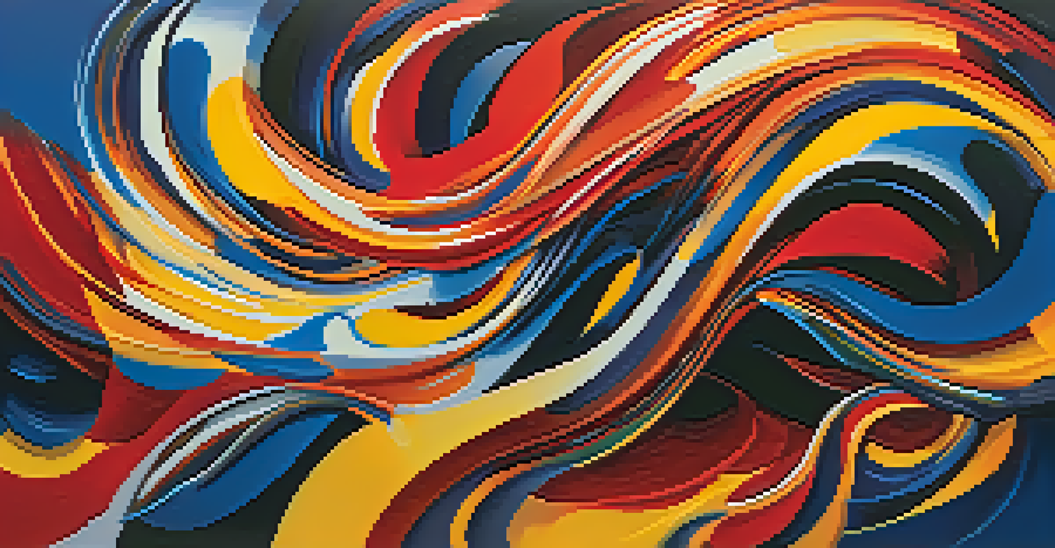 An abstract painting with dynamic shapes and vibrant colors inspired by jazz music, showing movement and rhythm.