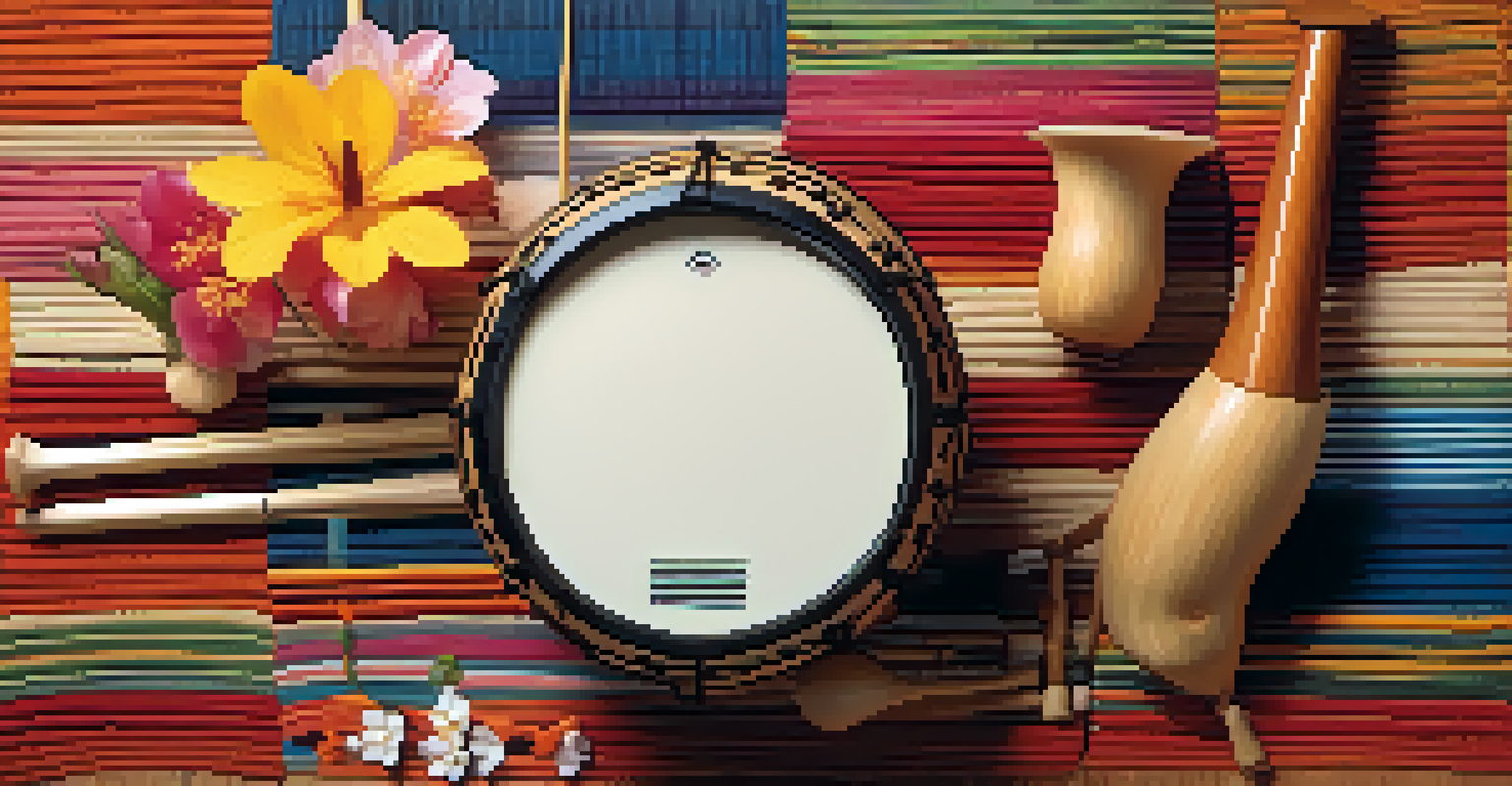 A close-up of traditional musical instruments like a taiko drum and flutes, arranged on a woven mat with flowers and natural light.