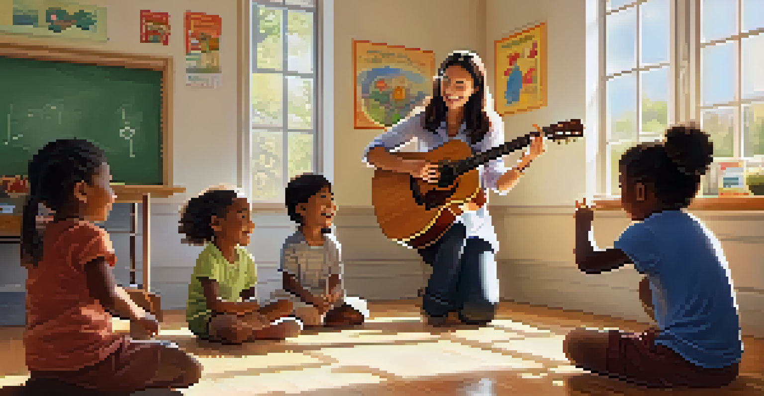 A classroom where a teacher plays guitar for children, who are happily engaging in music and language learning under warm sunlight.