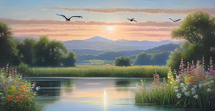 A peaceful lake at sunset with colorful reflections and wildflowers in the foreground.