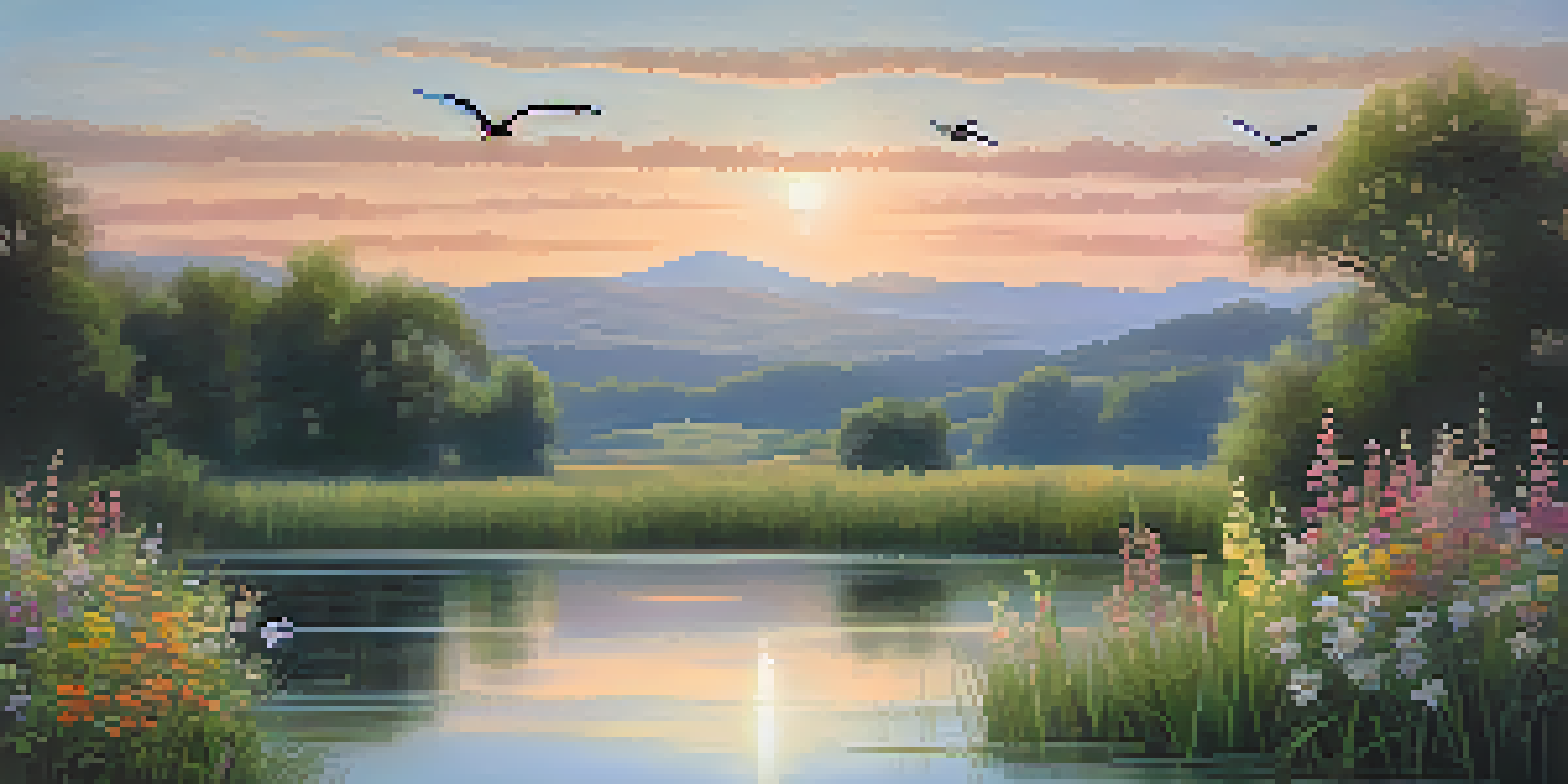 A peaceful lake at sunset with colorful reflections and wildflowers in the foreground.