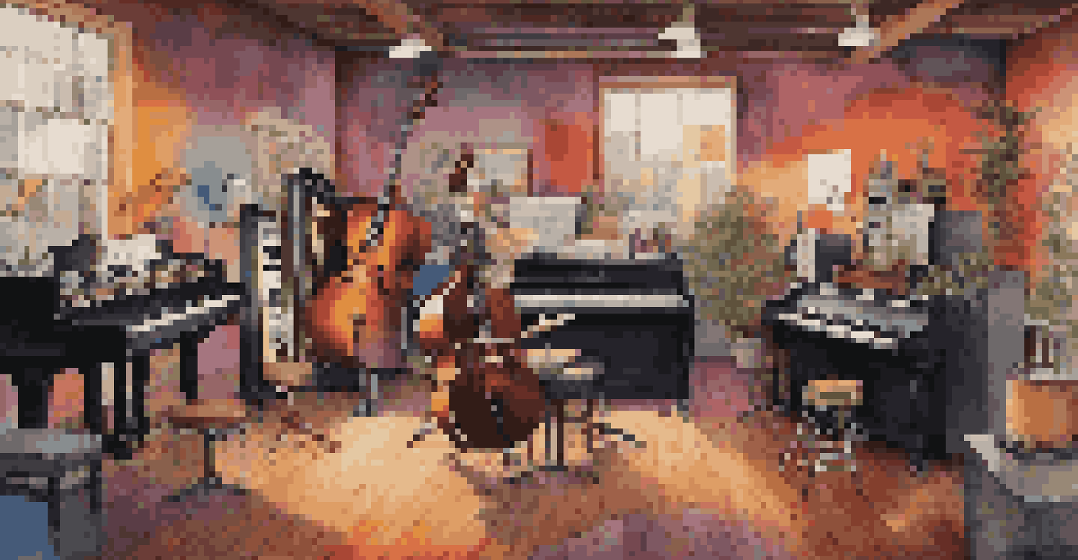A music studio with diverse musicians collaborating, colorful sound equipment, and warm lighting.