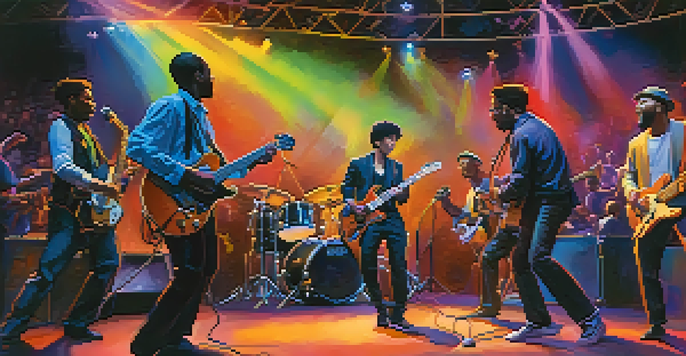 A lively stage with musicians playing together, a guitarist and drummer collaborating, and an enthusiastic audience enjoying the performance.