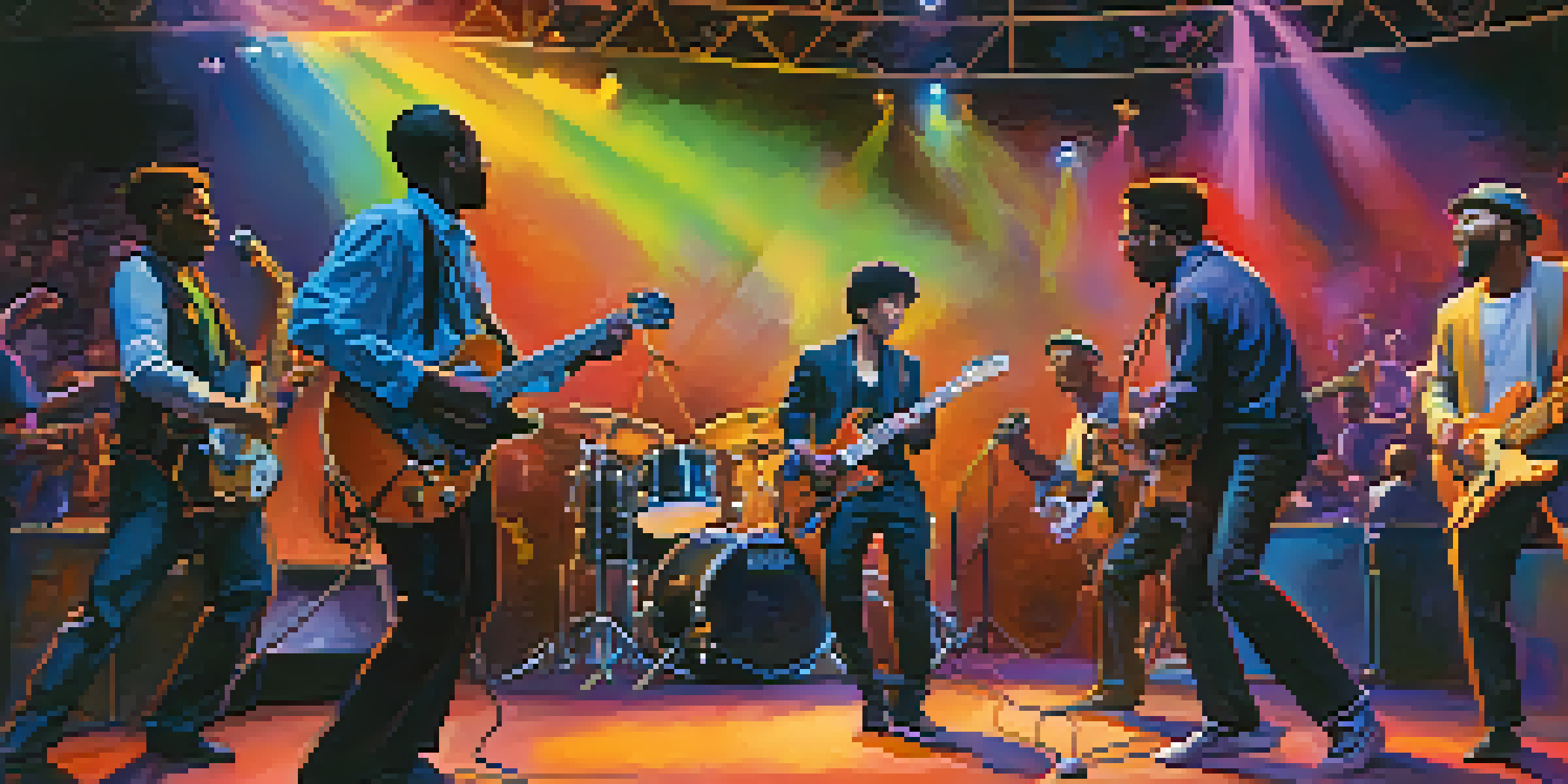 A lively stage with musicians playing together, a guitarist and drummer collaborating, and an enthusiastic audience enjoying the performance.