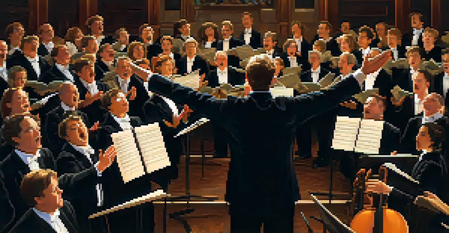 A passionate conductor leading a choir, surrounded by choir members holding sheet music, with warm focused lighting creating an intimate atmosphere.