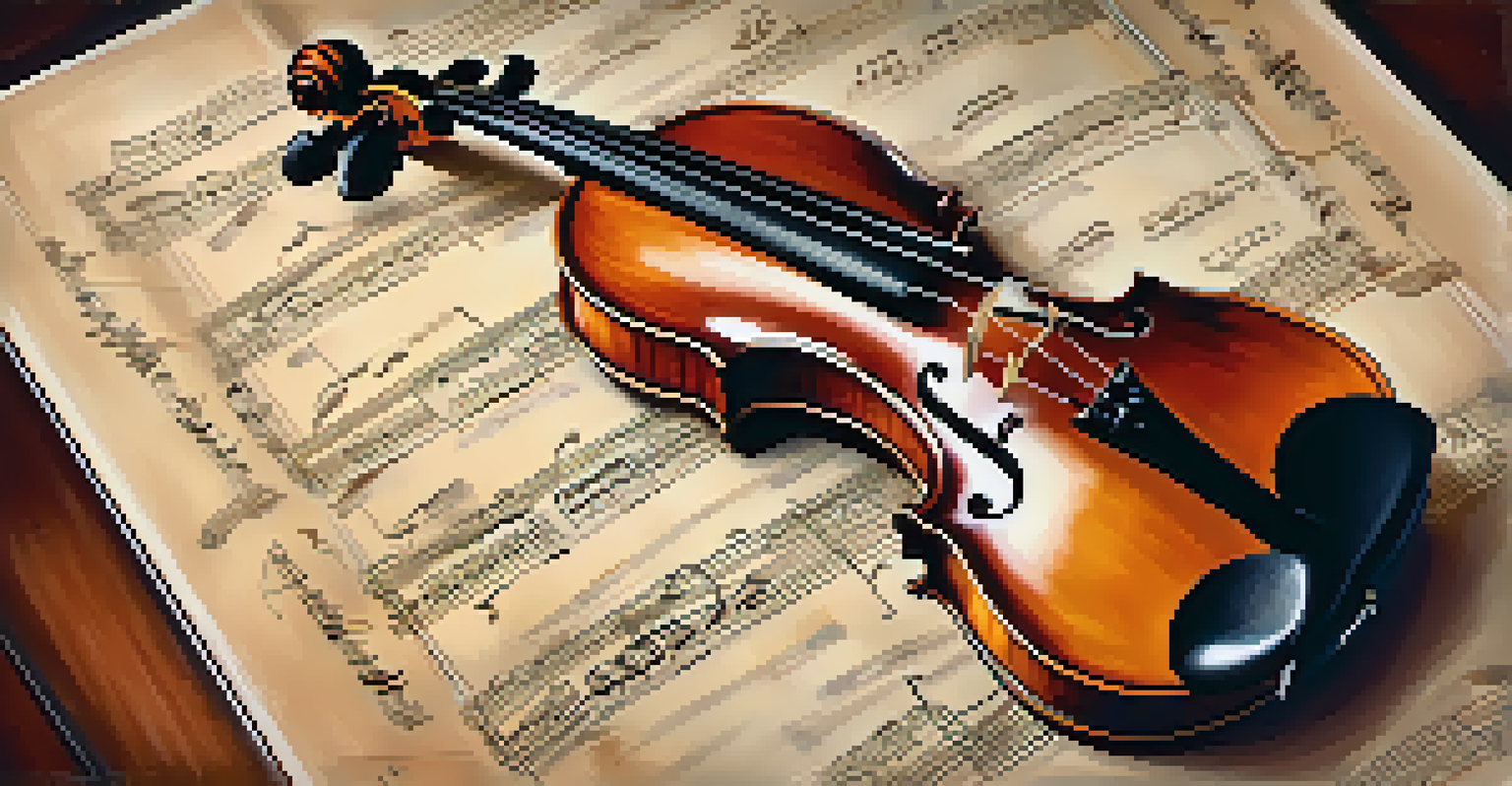 A close-up of a vintage violin on sheet music, with warm lighting emphasizing its details and blurred music notes in the background.