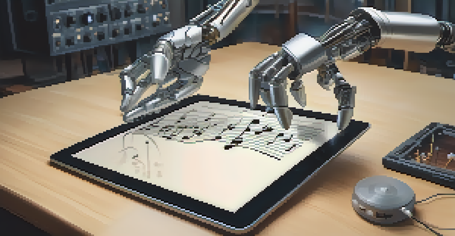 A robotic hand composing music on a tablet, surrounded by floating musical notes in a modern studio.