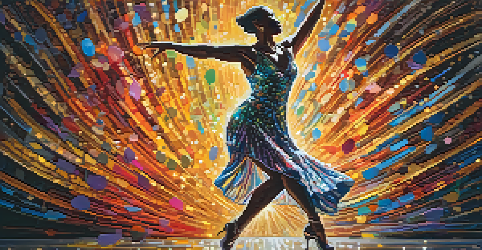 A jazz dancer performing on stage in a colorful sequined dress, illuminated by a spotlight with an abstract background of musical notes.