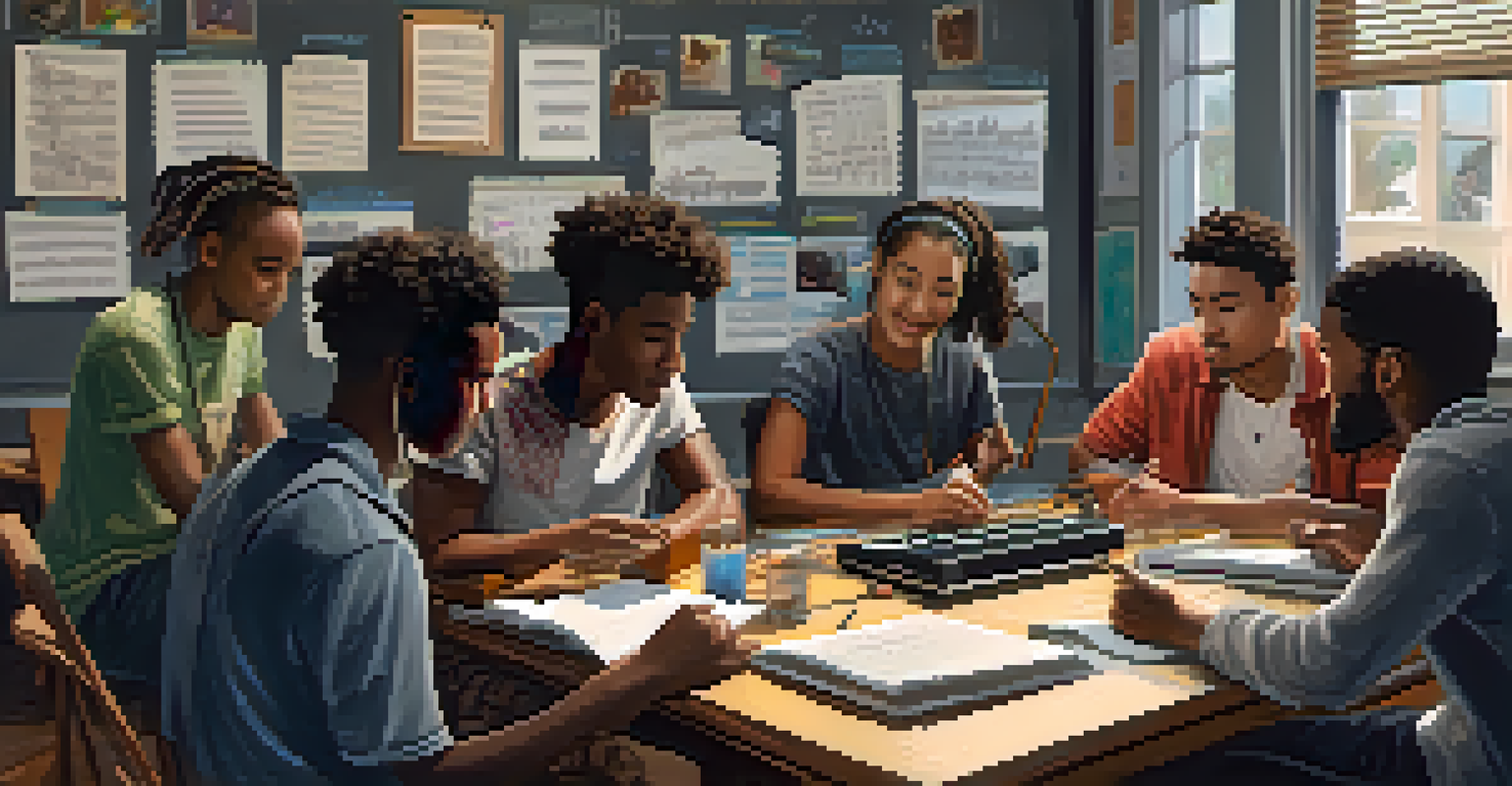 A diverse group of students working together on a music project, surrounded by laptops and instruments, with a chalkboard of music theory in the background.