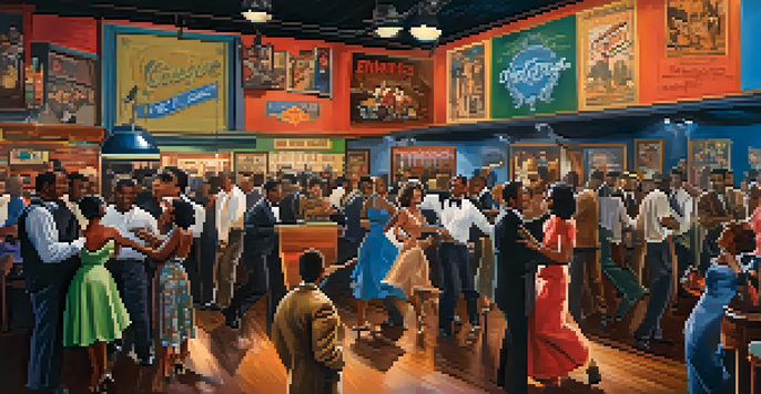 A lively Chicago blues club from the 1950s with diverse people dancing and enjoying the music, illuminated by colorful lights.
