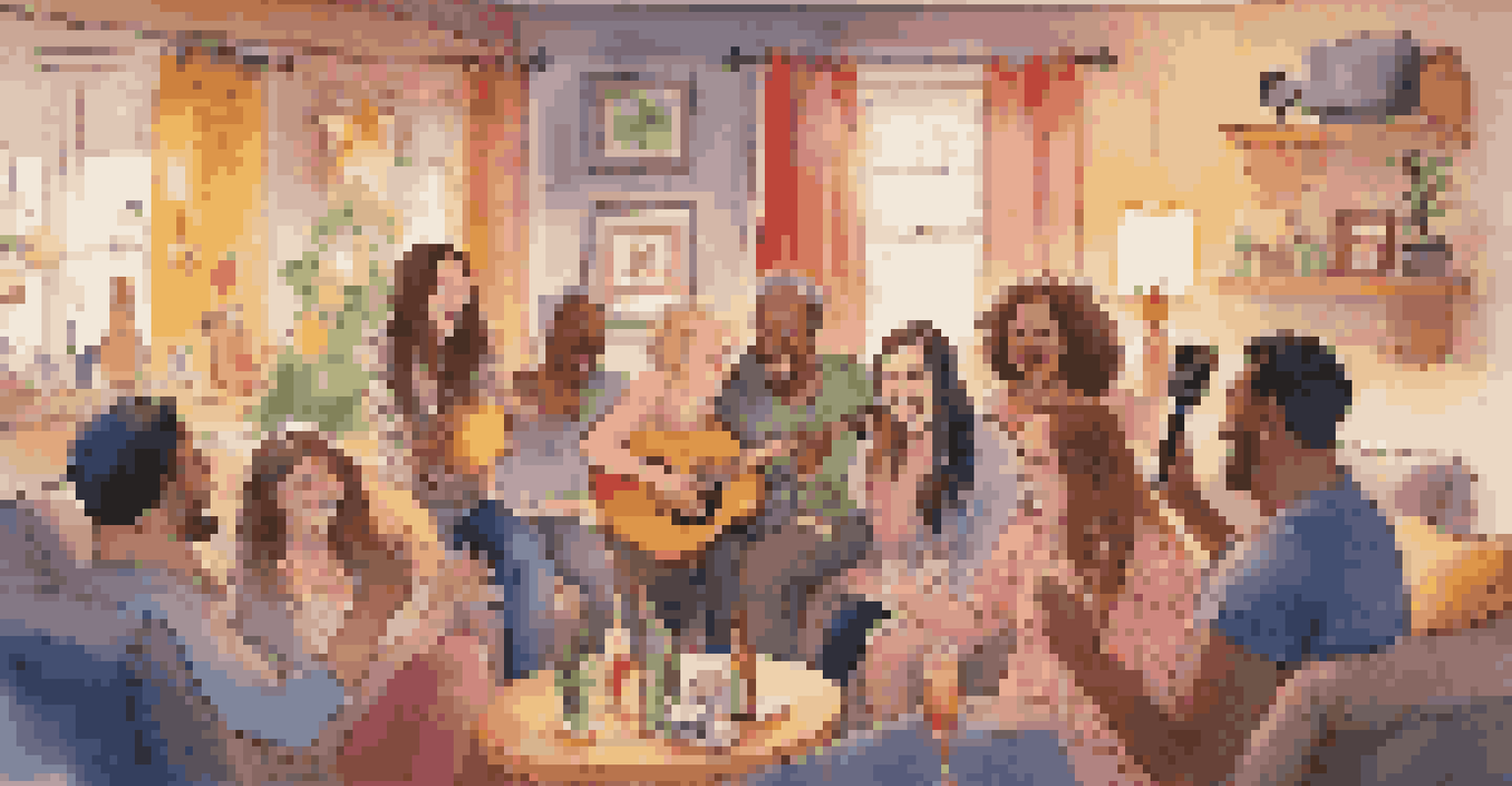 Friends enjoying a karaoke night in a cozy living room, filled with smiles and colorful decorations.
