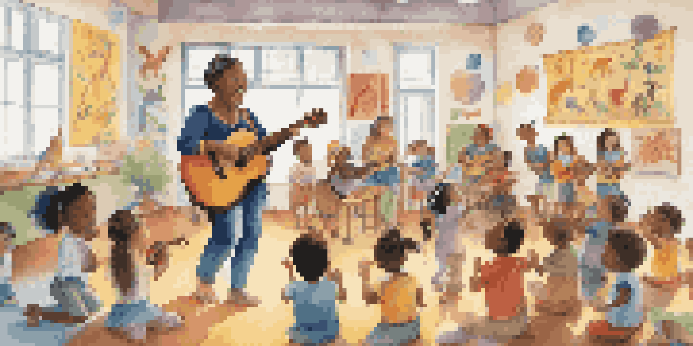 A lively classroom where young children are happily singing along to a music lesson with a teacher playing guitar, surrounded by colorful educational posters.