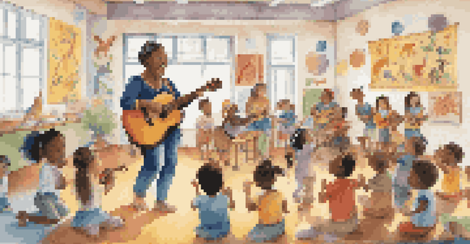 A lively classroom where young children are happily singing along to a music lesson with a teacher playing guitar, surrounded by colorful educational posters.