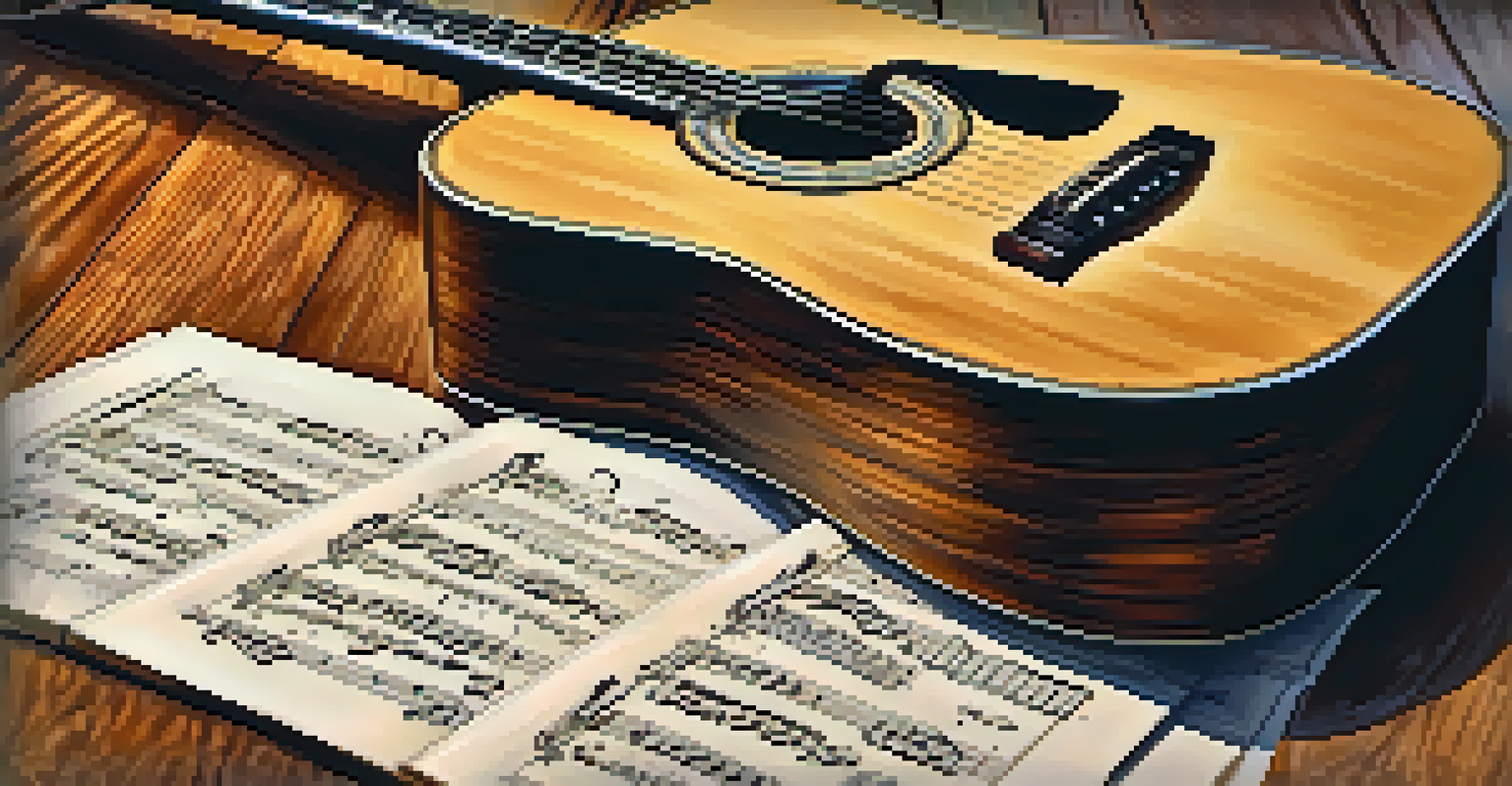 An acoustic guitar on a wooden table with scattered sheet music, illuminated by soft natural light, showcasing the textures of the materials.
