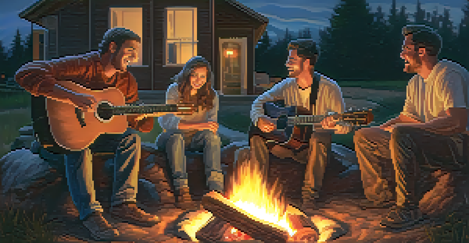 A group of friends around a campfire at night, singing and playing guitars, illuminated by the warm glow of the fire.