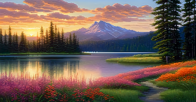 A tranquil lake at sunset, with vibrant orange and pink hues reflecting off the water, surrounded by green grass, wildflowers, and tall evergreen trees in the background.
