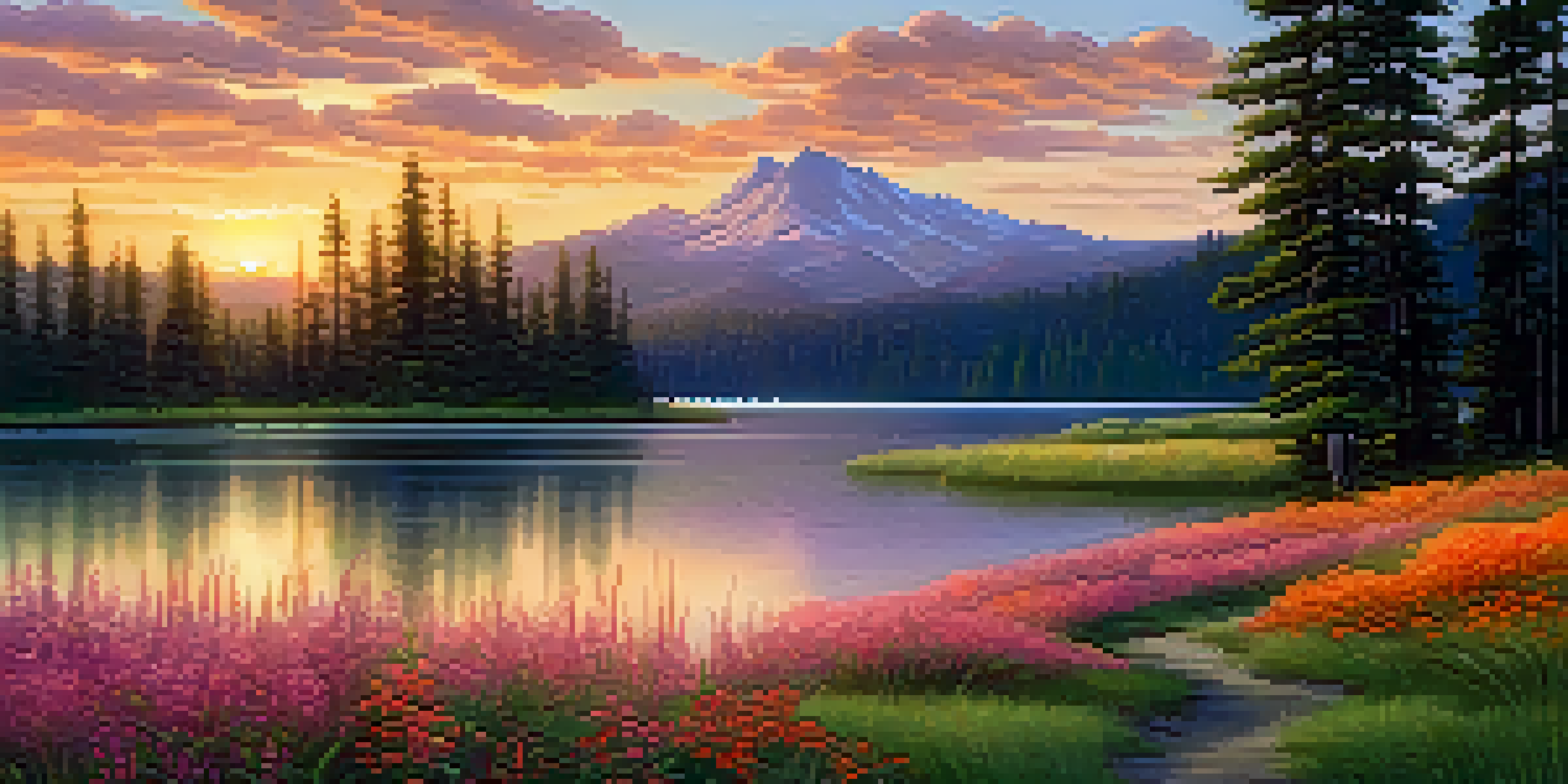 A tranquil lake at sunset, with vibrant orange and pink hues reflecting off the water, surrounded by green grass, wildflowers, and tall evergreen trees in the background.