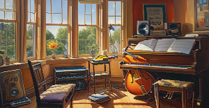 A cozy music studio with instruments like guitars and a piano, illuminated by warm sunlight.