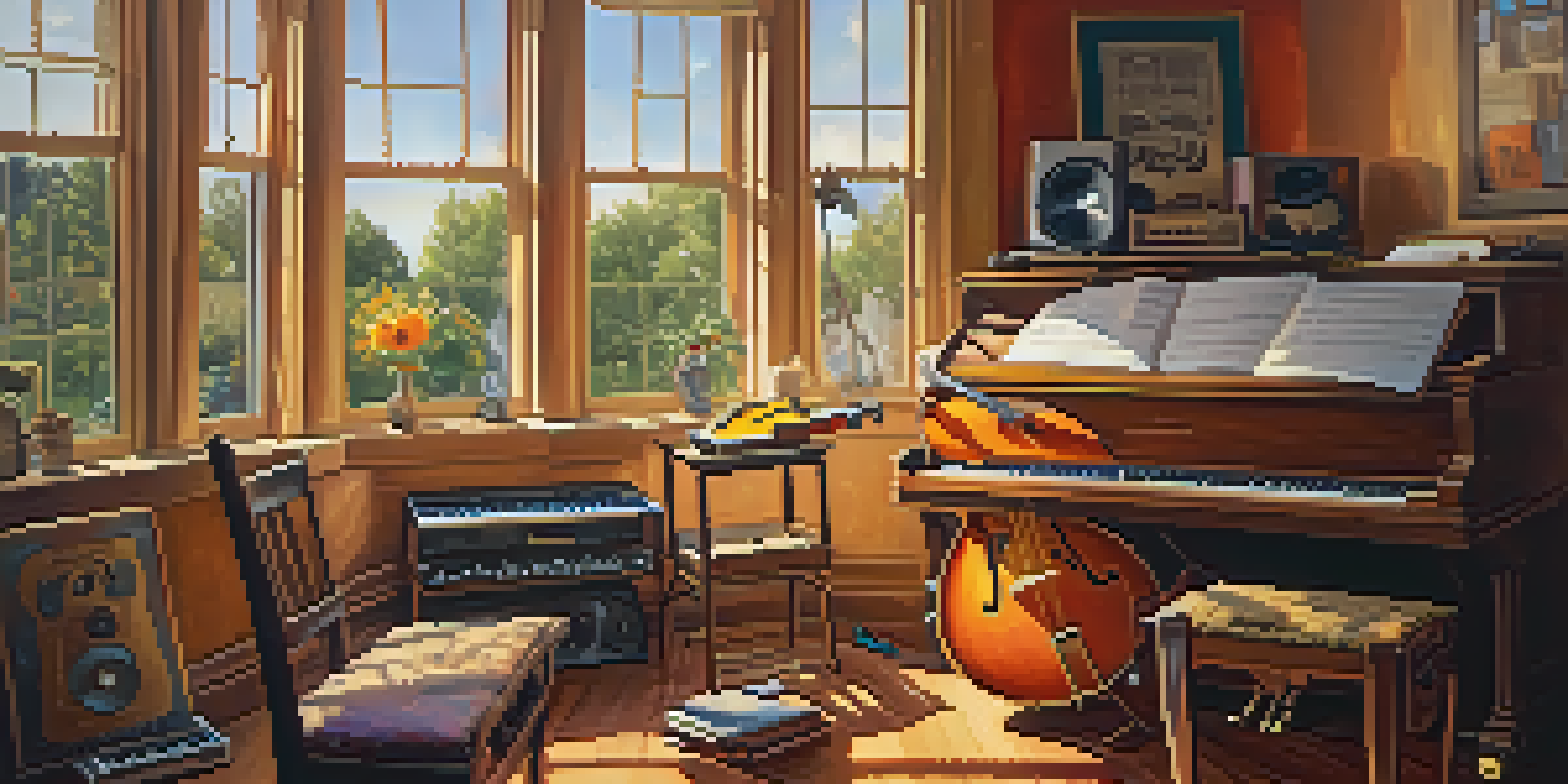 A cozy music studio with instruments like guitars and a piano, illuminated by warm sunlight.