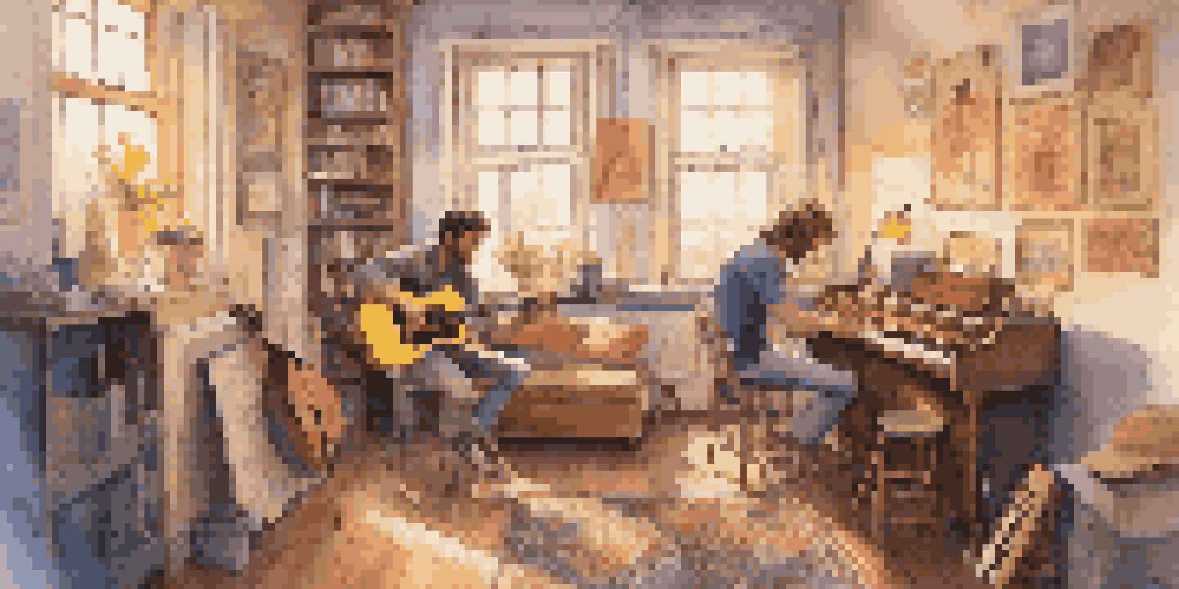 Two musicians collaborating in a cozy studio, one playing guitar and the other writing lyrics, with warm lighting and colorful posters on the walls.
