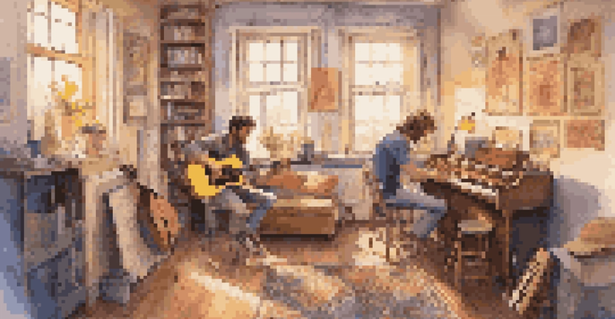 Two musicians collaborating in a cozy studio, one playing guitar and the other writing lyrics, with warm lighting and colorful posters on the walls.