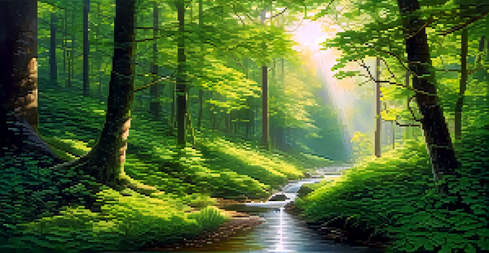 A tranquil forest with green trees, sunlight, and a stream, suggesting a peaceful and immersive environment.
