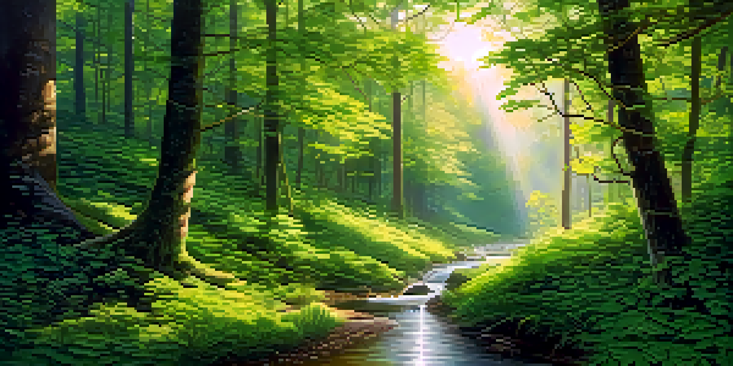 A tranquil forest with green trees, sunlight, and a stream, suggesting a peaceful and immersive environment.