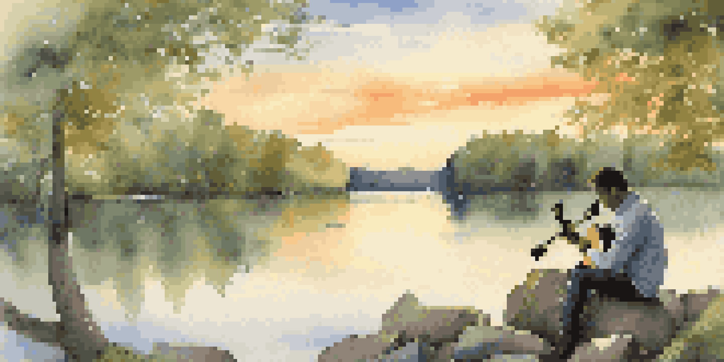 A peaceful lake scene with a musician playing guitar on a rock, surrounded by nature, representing the healing power of music.