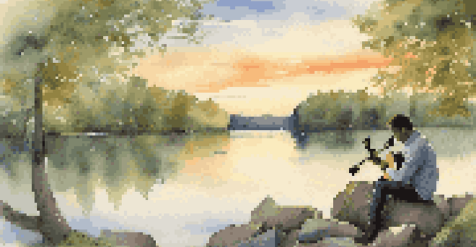 A peaceful lake scene with a musician playing guitar on a rock, surrounded by nature, representing the healing power of music.