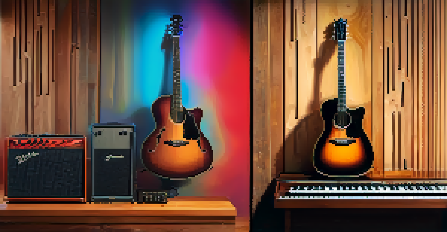A split-screen image displaying acoustic instruments on one side and electric instruments on the other, highlighting their differences.