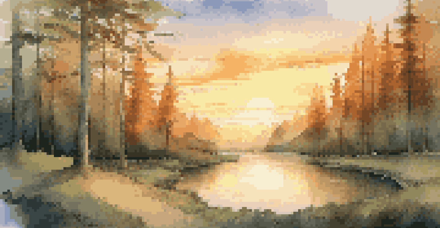 A serene video game landscape with a sunset over a lush forest, symbolizing a calming soundtrack.
