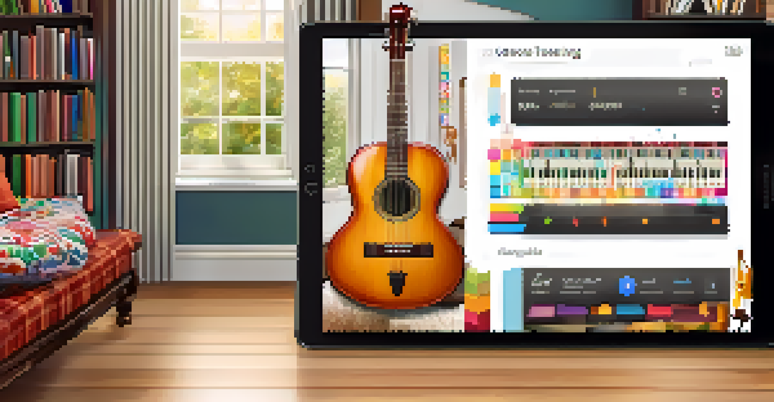 A tablet showing an ear training app with colorful musical notes and graphs, set in a cozy living room with a bookshelf in the background.