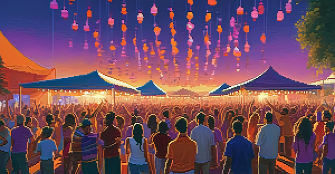 A lively outdoor music festival during sunset with diverse attendees enjoying performances and a colorful stage.