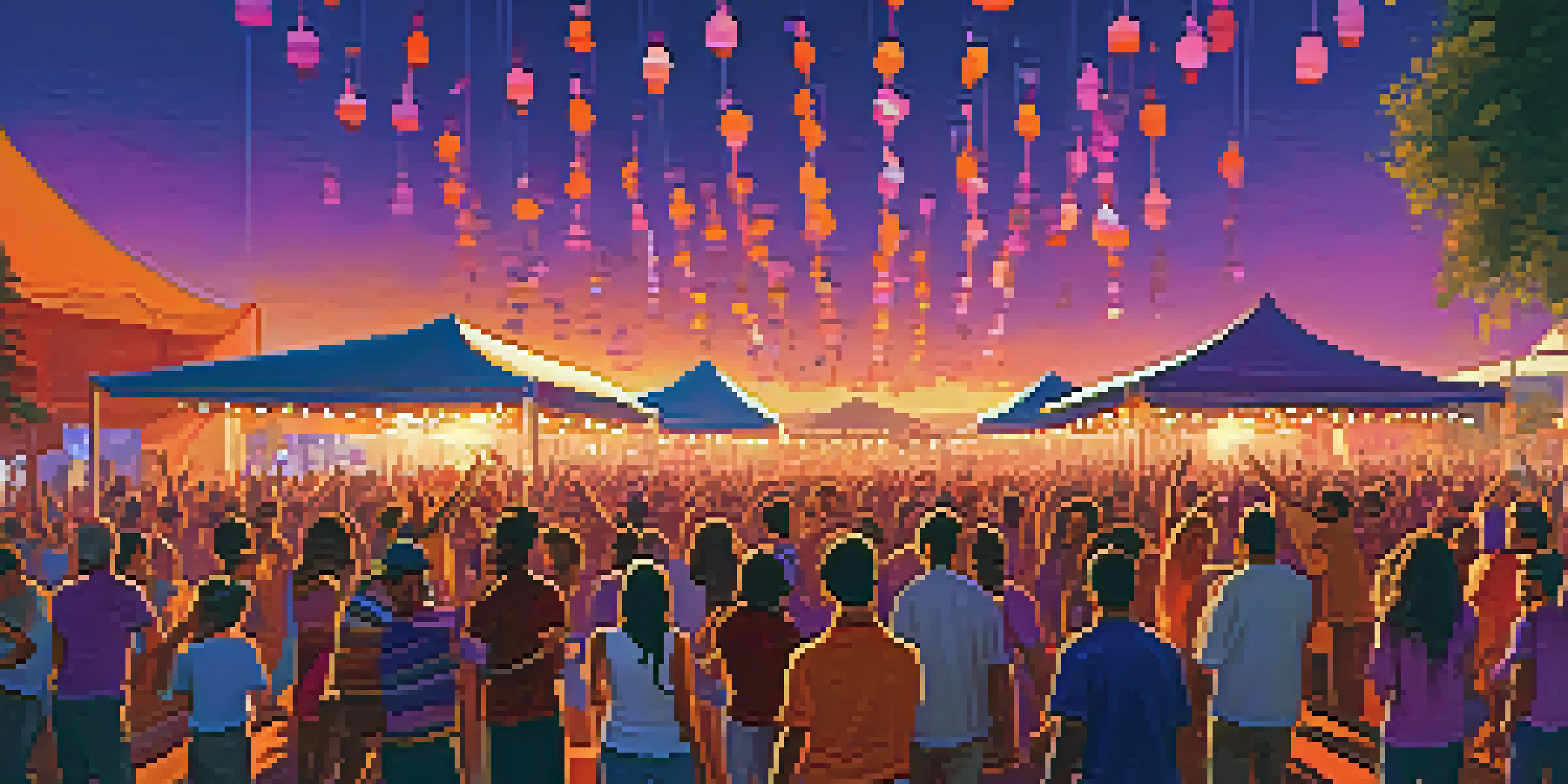 A lively outdoor music festival during sunset with diverse attendees enjoying performances and a colorful stage.