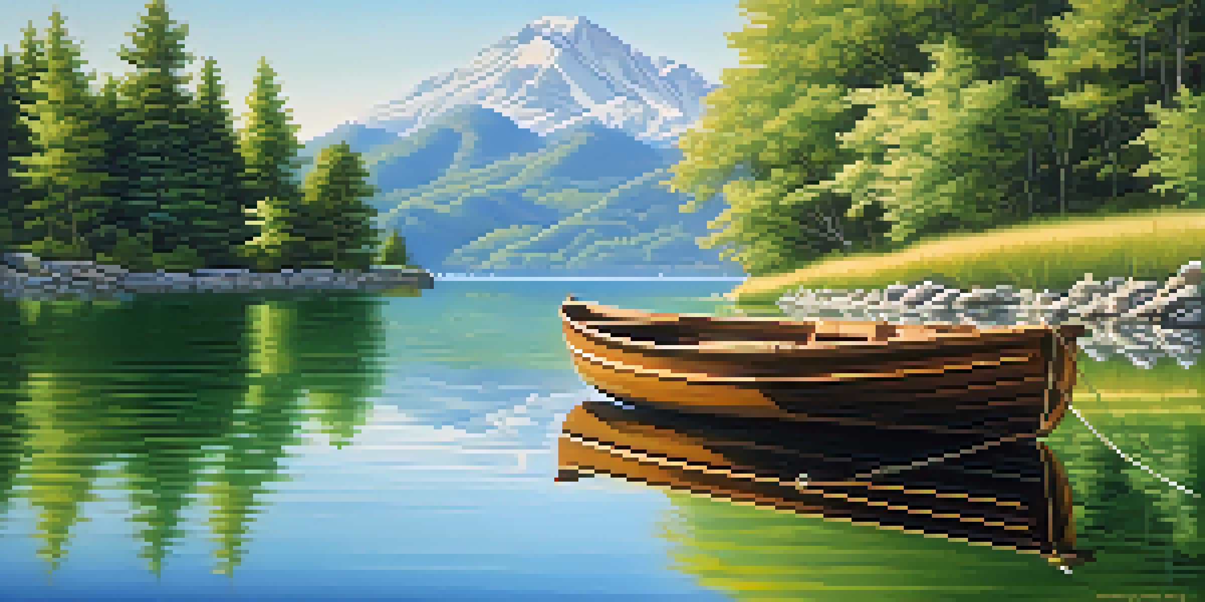 A peaceful lake scene with green trees, mountains in the background, and a wooden boat on the water.