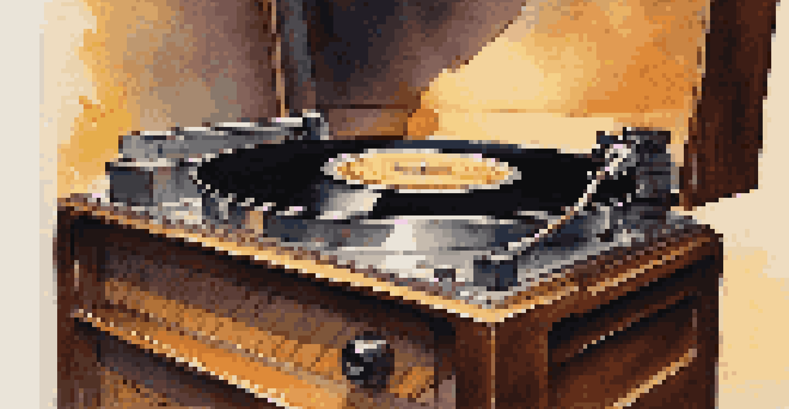 A close-up of a vinyl record player with a jazz record, warm lighting accentuating its textures, and headphones nearby.