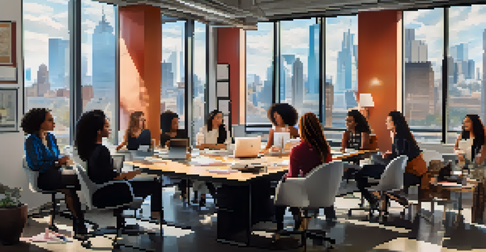 A diverse group of women discussing in a bright modern office, representing empowerment in the music licensing industry.