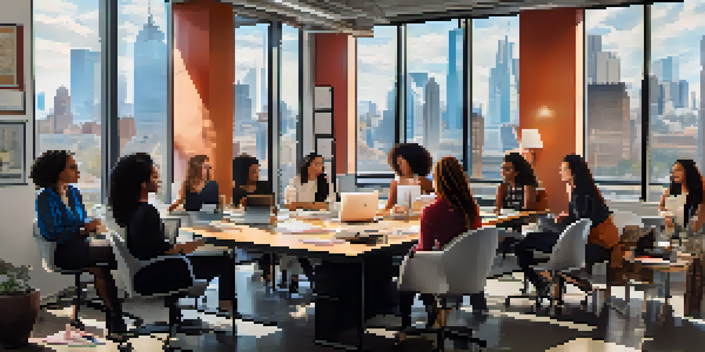 A diverse group of women discussing in a bright modern office, representing empowerment in the music licensing industry.