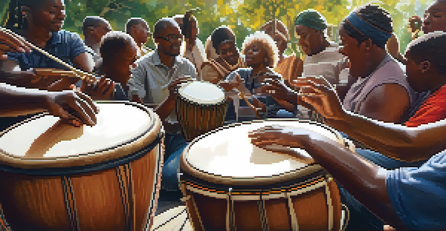 Close-up of hands playing various musical instruments in a lively community drum circle, highlighting different textures and instruments.
