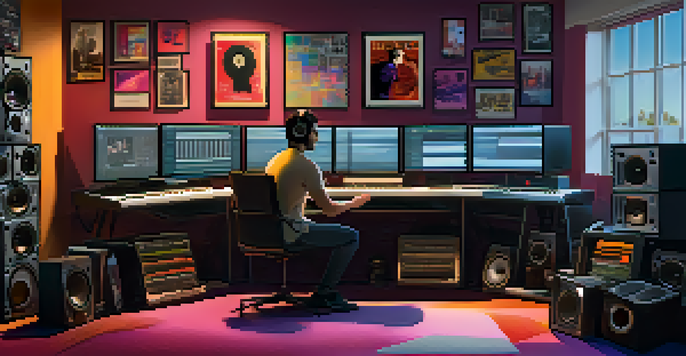 A music supervisor collaborating with a composer in a film studio filled with music records and movie posters.