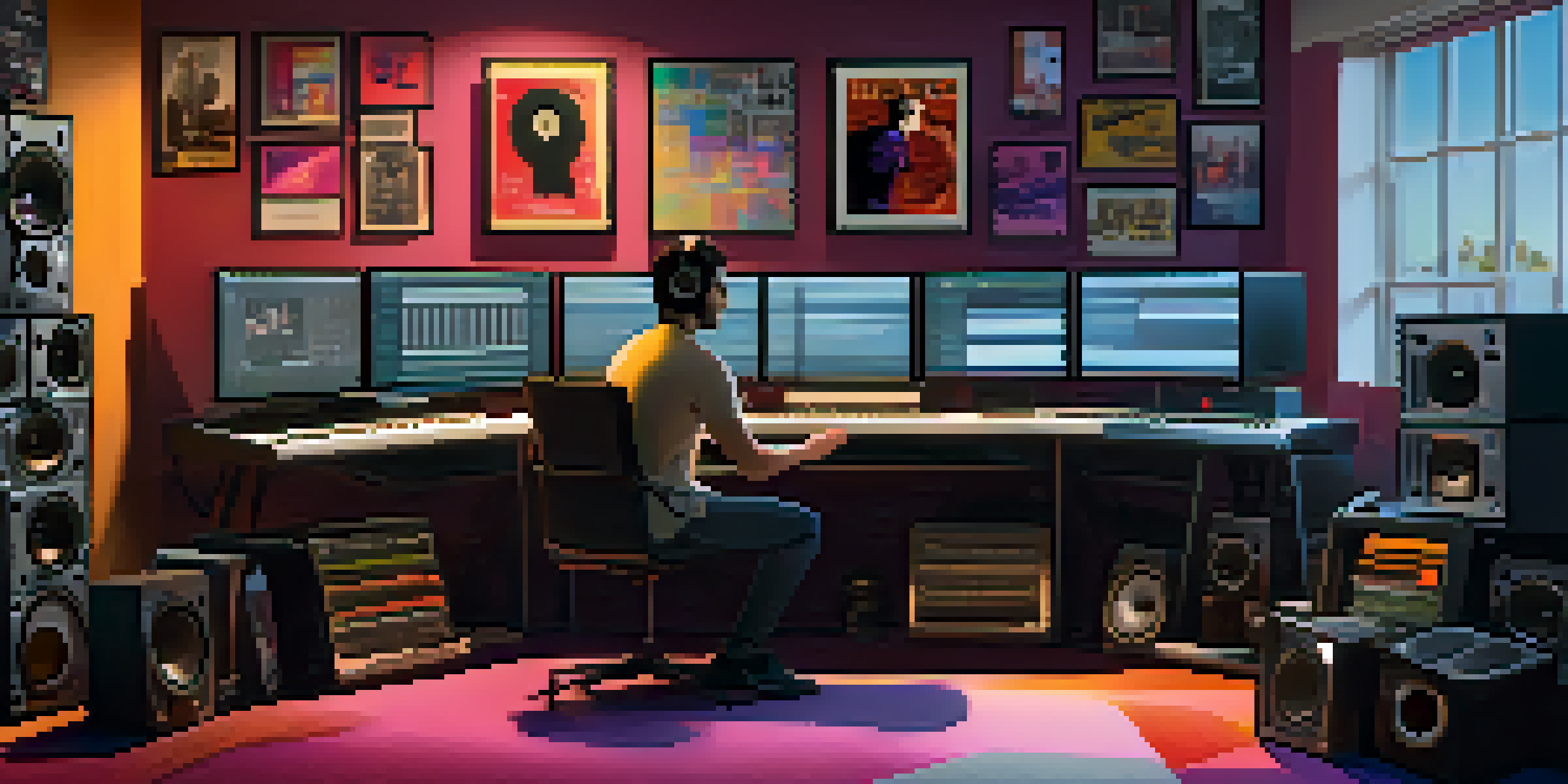 A music supervisor collaborating with a composer in a film studio filled with music records and movie posters.