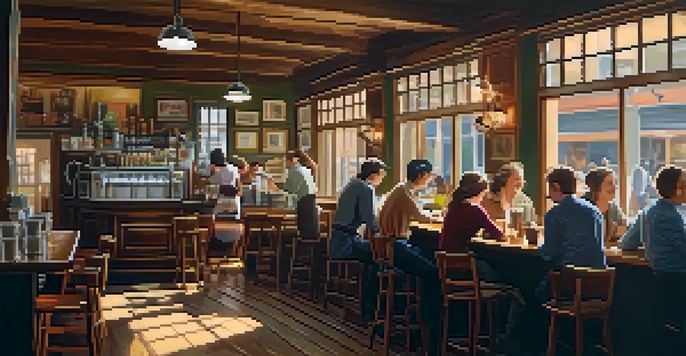 A warm and inviting café interior with wooden tables, steaming coffee cups, and a barista at work, evoking a sense of comfort and relaxation.