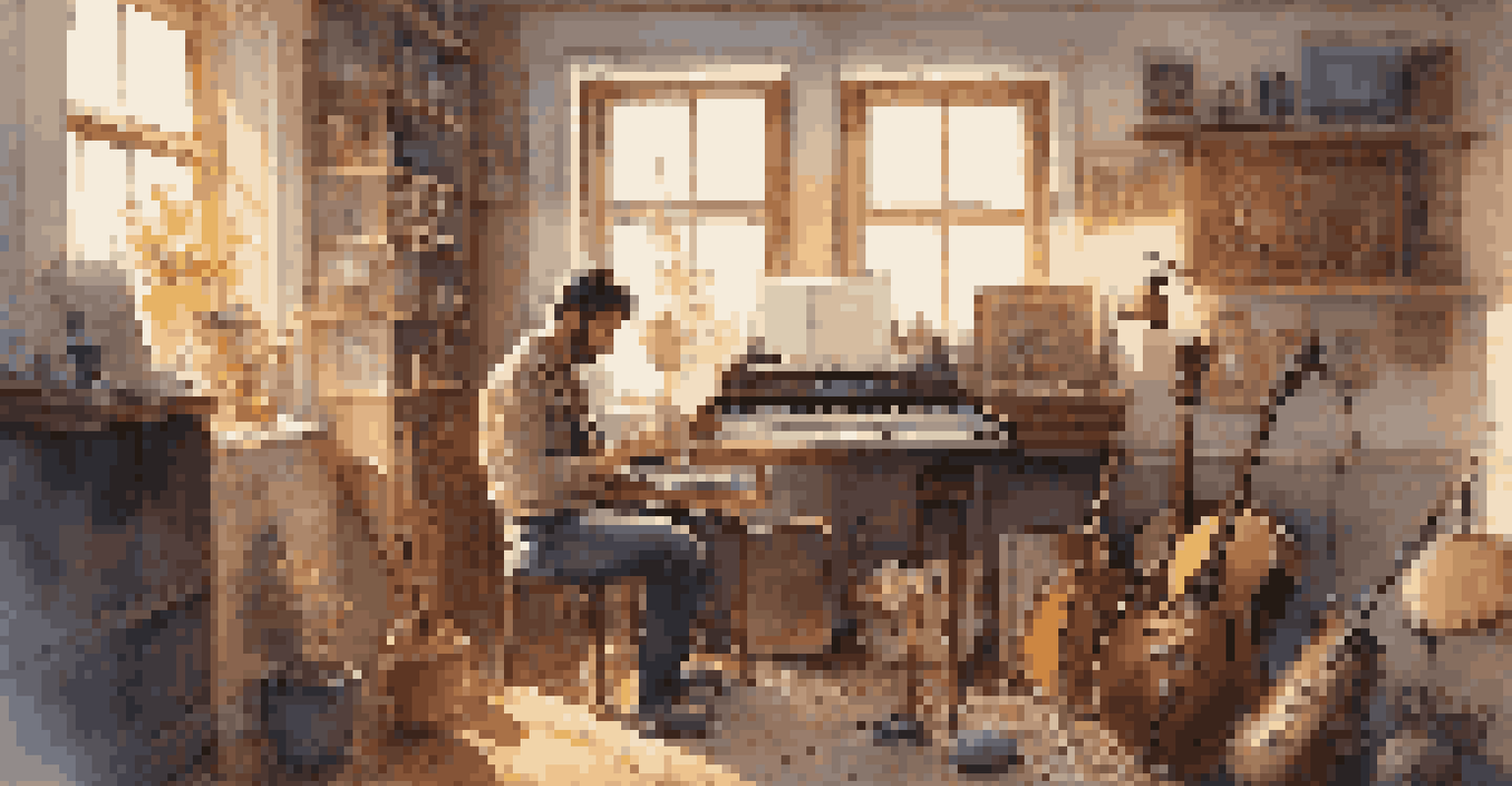 An artist in a studio, blending traditional and modern music elements with instruments and technology.