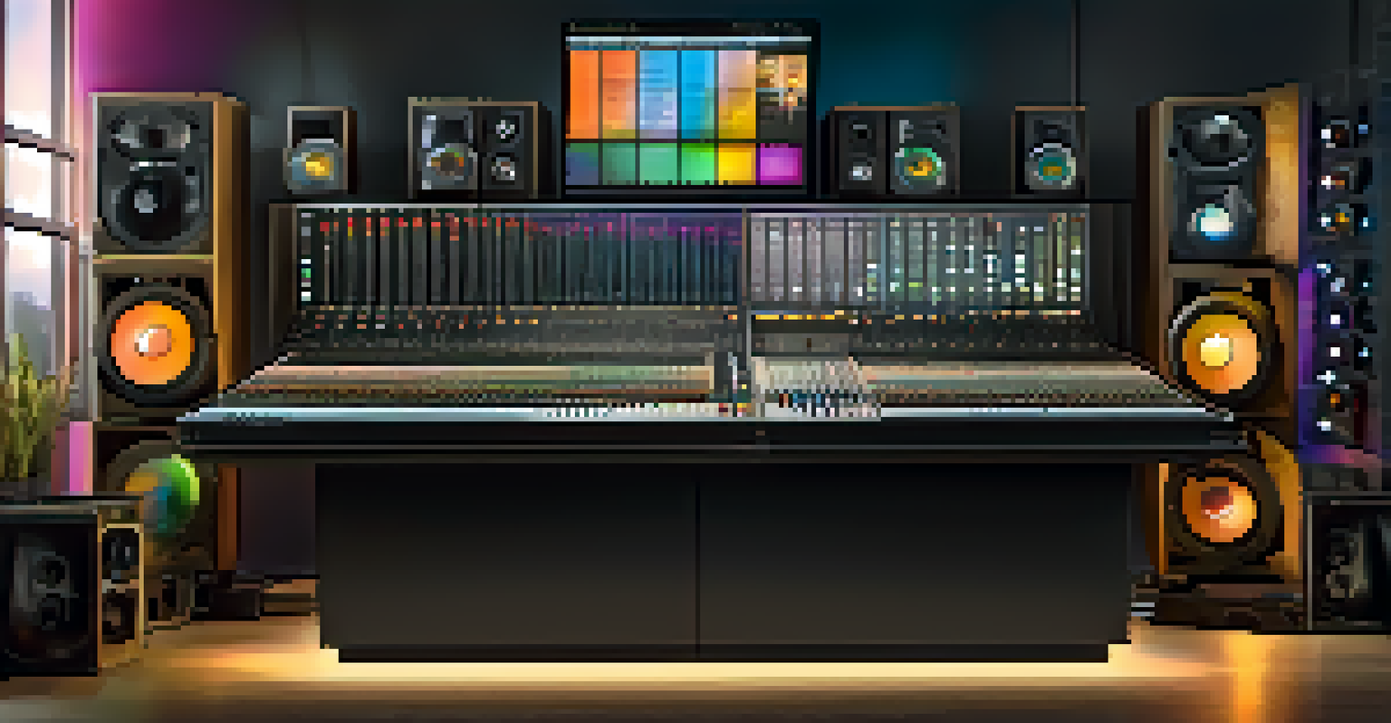 A close-up of a colorful mixing console in a modern recording studio, illuminated by warm lights.