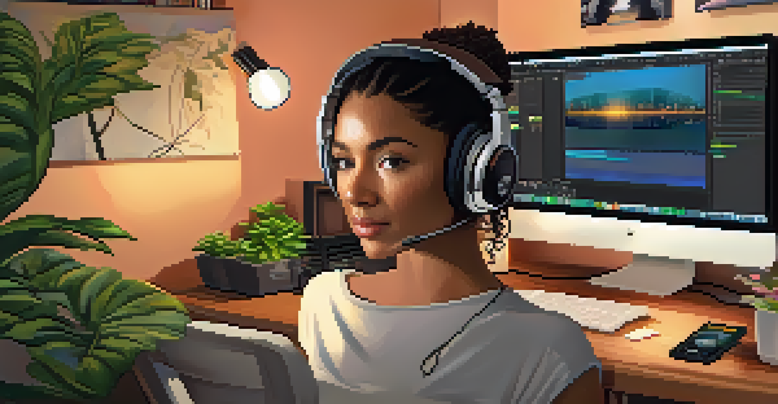 A woman producer working intently in her home studio, with headphones on, surrounded by plants and a warm, inviting light.