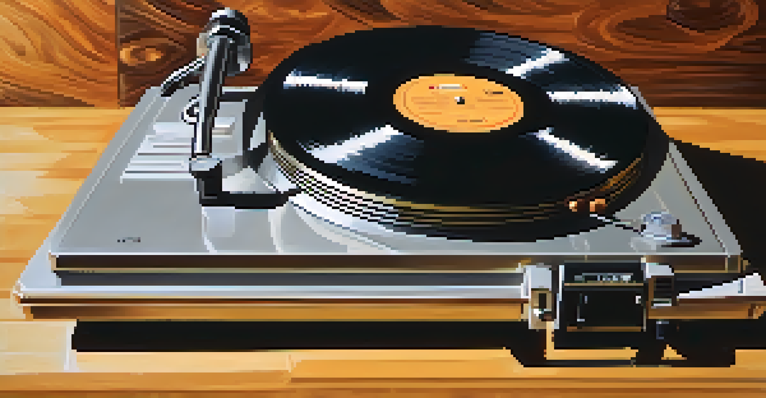 A vintage vinyl record player with a film reel in the background, with musical notes floating in the air.