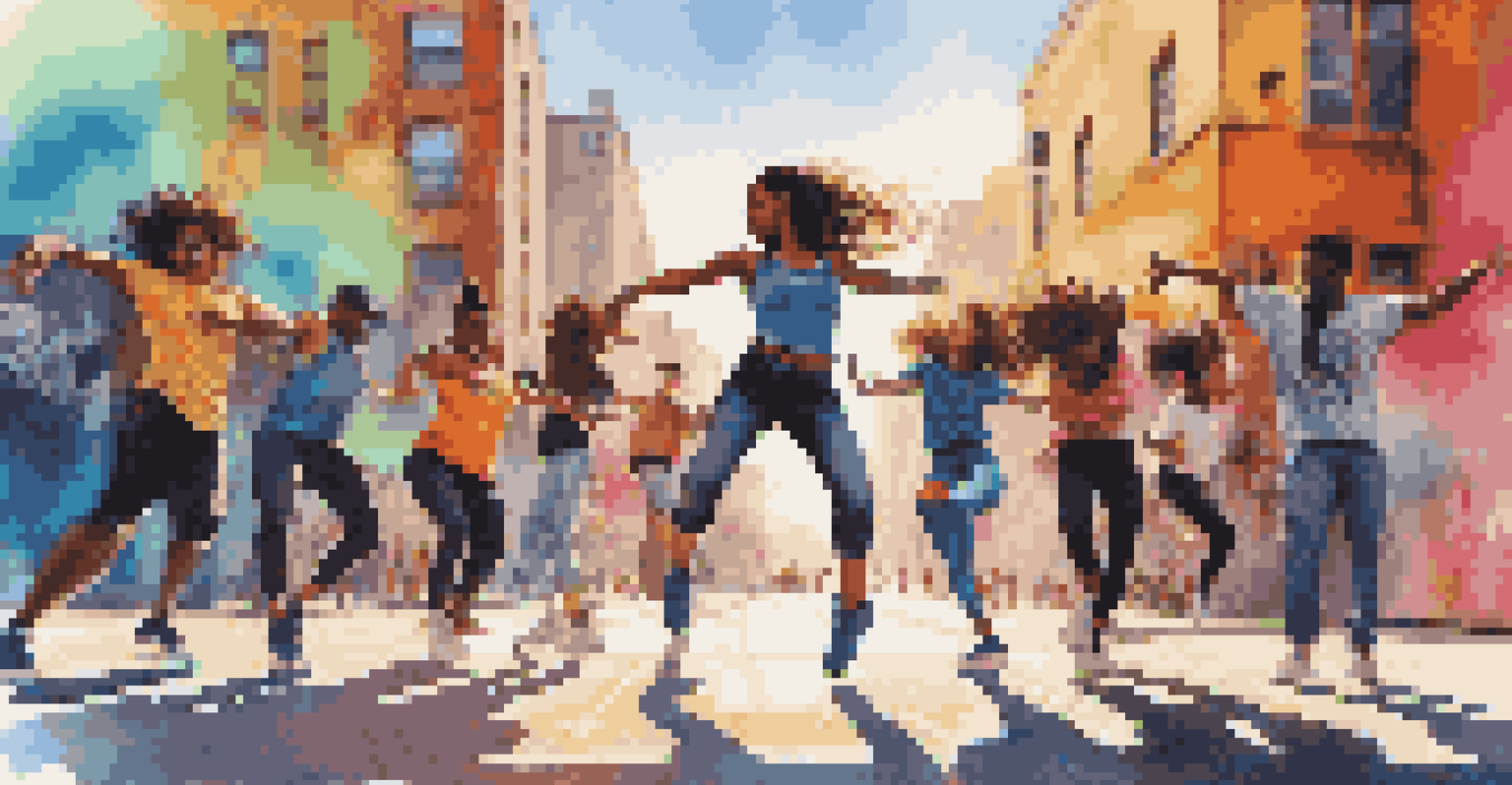 Young dancers filming a dance challenge in an urban area with colorful street art, one dancer mid-leap and others cheering.