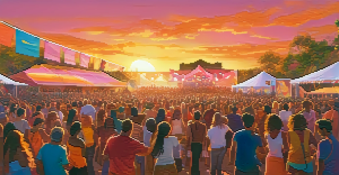 A lively music festival at sunset with diverse attendees dancing and musicians on stage, surrounded by colorful banners and lights.